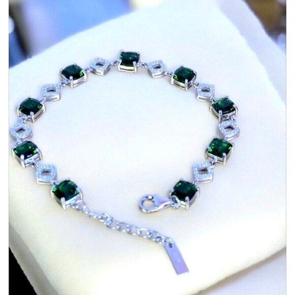 925 Sterling Slver Bracelet 7.5" with Natural Chrome Diopside Gem & Cz. - Picture 2 of 11